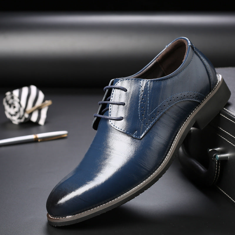 Stylish blue formal plus size men's lace-up leather shoes, perfect for luxurious weddings and daily wear.
