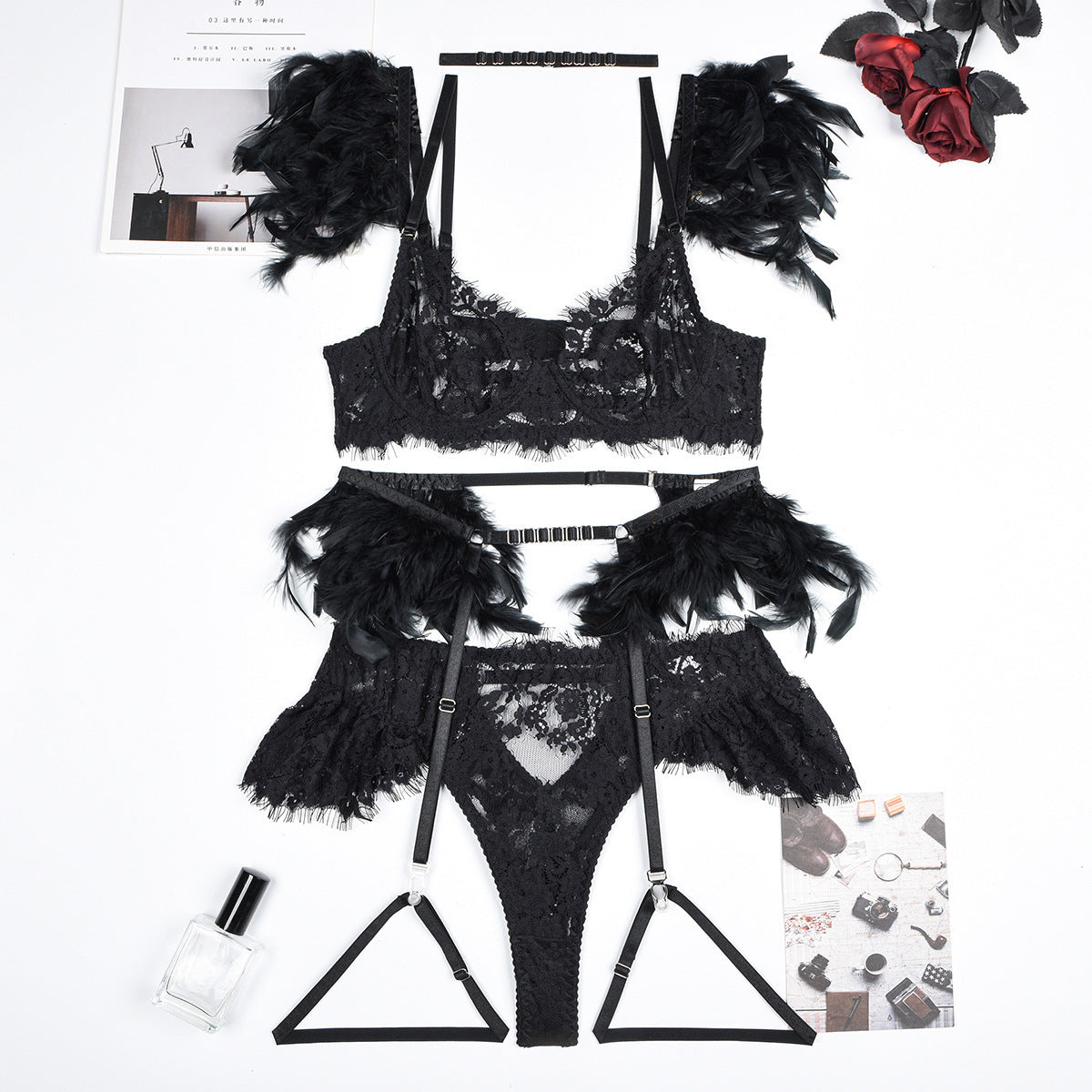 Feather Sexy Lingerie Lace Women Underwear Bra Panty Lingerie Set Luxurious Weddings