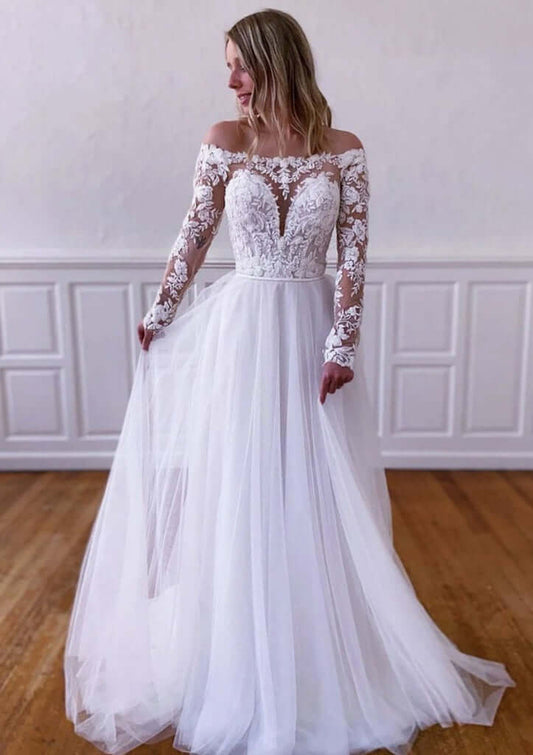 A-line Off The Shoulder Long Slleve Tulle Lace Wedding Dress Wedding Dress Luxurious Weddings
