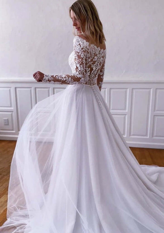 A-line Off The Shoulder Long Slleve Tulle Lace Wedding Dress Wedding Dress Luxurious Weddings