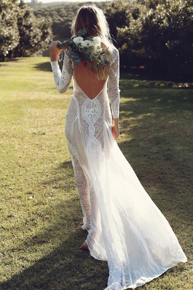 Boho Backless Maxi Bridal Gown Wedding Dress Luxurious Weddings
