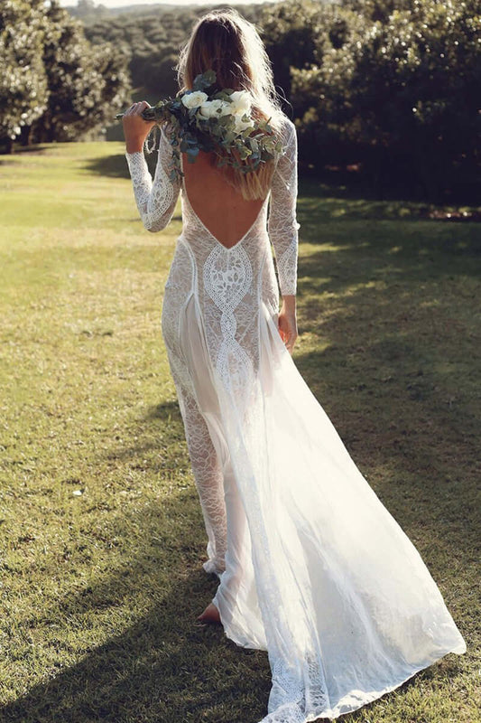 Boho Backless Maxi Bridal Gown Wedding Dress Luxurious Weddings