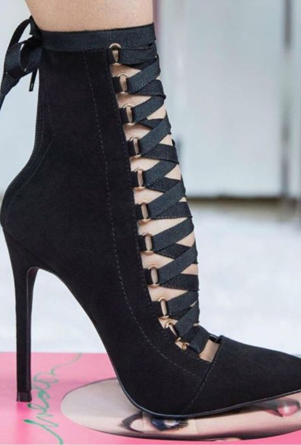Strappy high heel nude boots