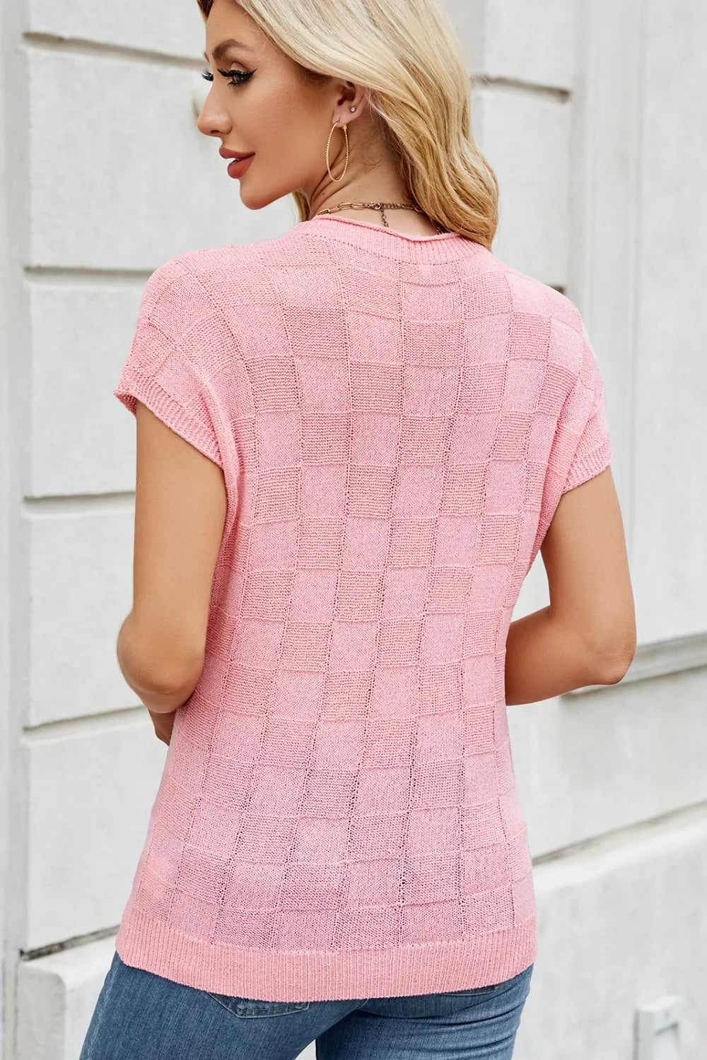 Checkered Round Neck Short Sleeve Knit Top Sweater Luxurious Weddings