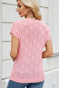 Checkered Round Neck Short Sleeve Knit Top Sweater Luxurious Weddings