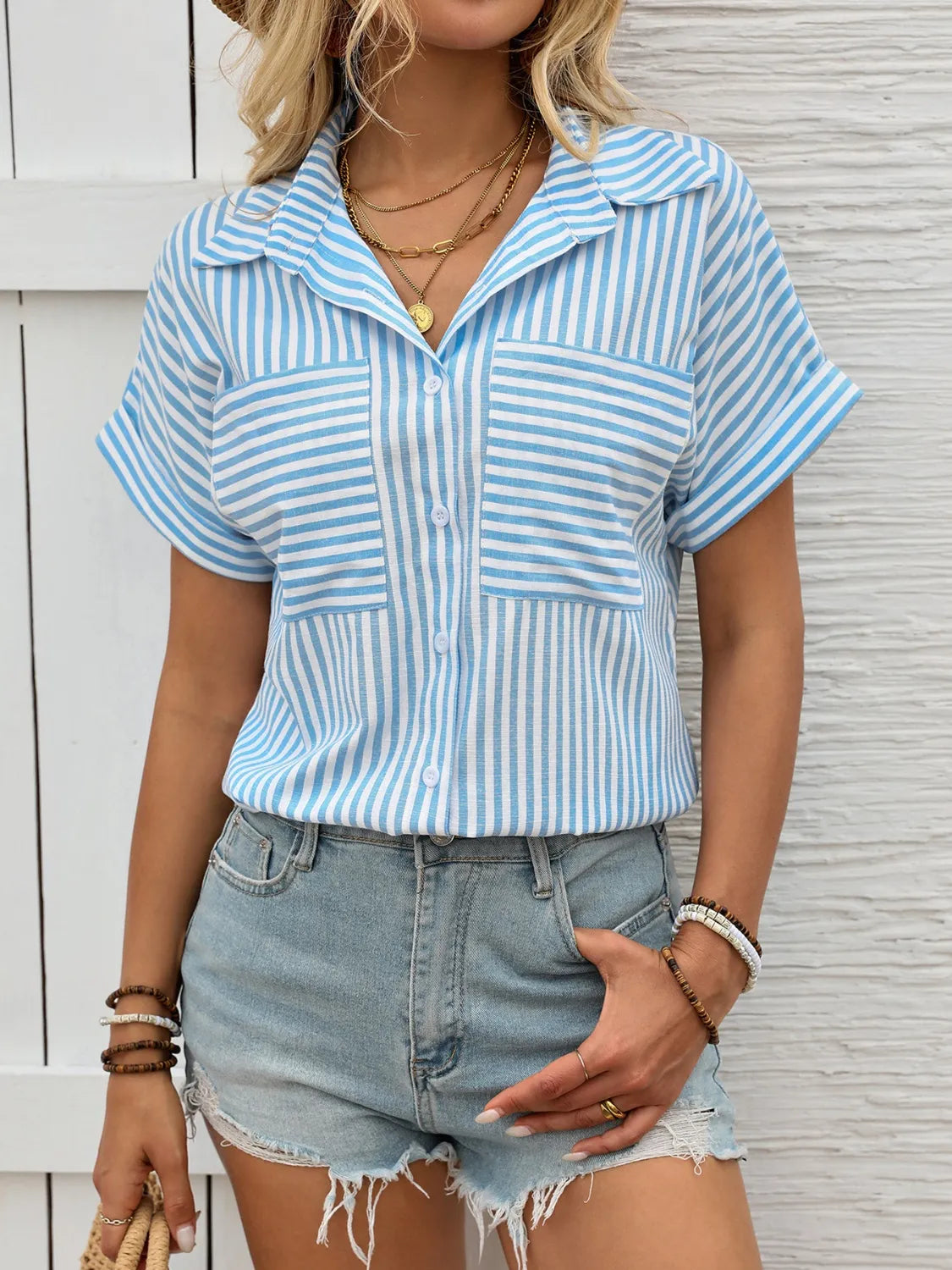 Striped Collared Neck Short Sleeve Shirt Blouse Luxurious Weddings