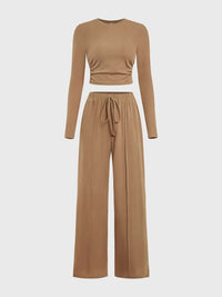 Round Neck Long Sleeve Top and Tied Pants Set Matching Sets Luxurious Weddings