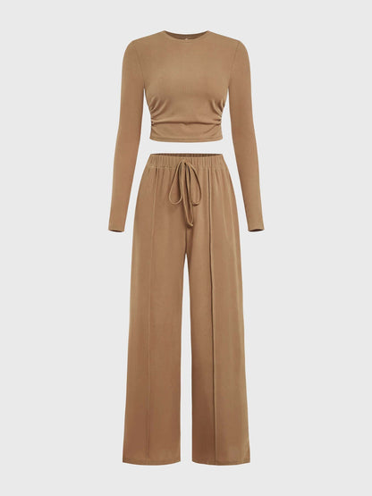 Round Neck Long Sleeve Top and Tied Pants Set Matching Sets Luxurious Weddings