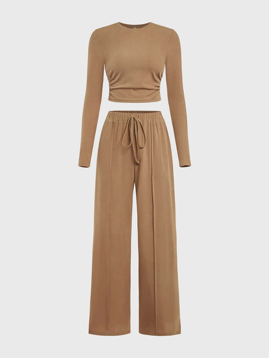Round Neck Long Sleeve Top and Tied Pants Set Matching Sets Luxurious Weddings