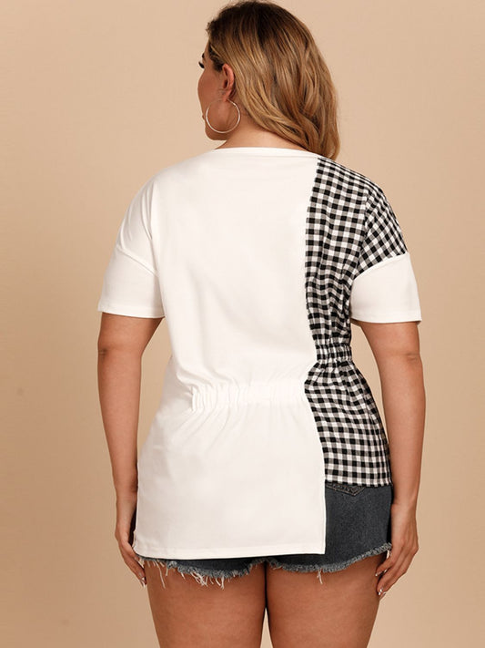 Plus Size Gingham Color Block Asymmetrical T-Shirt Women’s top Luxurious Weddings