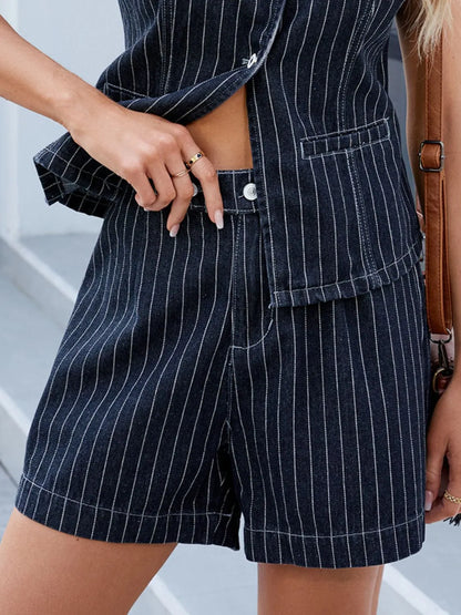 Round Neck Striped Top and Shorts Denim Set Top & Shorts Luxurious Weddings