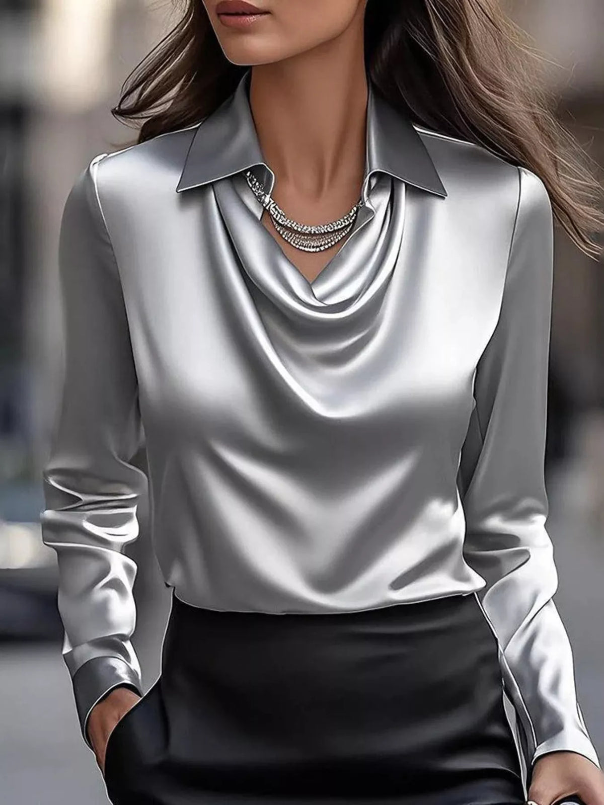 Ruched Long Sleeve Drape Collar Blouse in silver, featuring a drape collar and long sleeves for a chic look.
