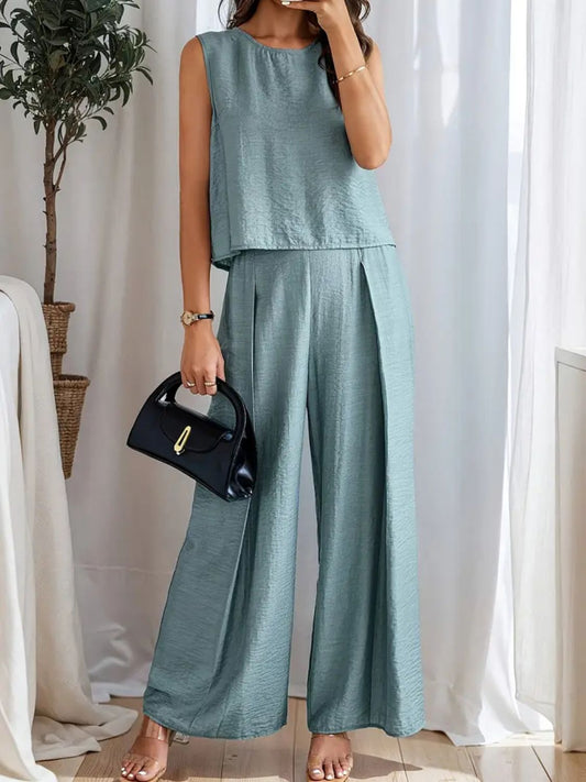 Round Neck Sleeveless Top and Wide Leg Pants Set Matching Sets Luxurious Weddings