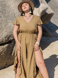 Plus Size Slit Ruffled V-Neck Jumpsuit Plus size jumpsuit Luxurious Weddings