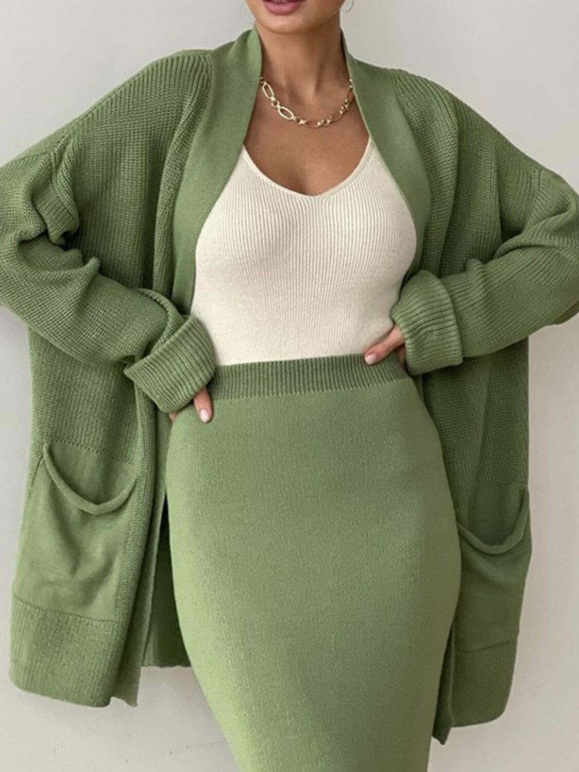 Pocketed Long Sleeve Cardigan and Skirt Sweater Set Matching Sets Luxurious Weddings