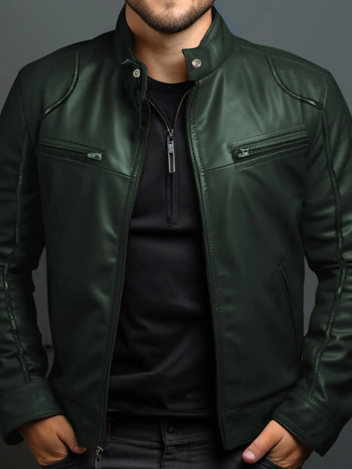 Men's Full Size Leather Motorcycle Jacket with Zipper Front Plus Size in dark green color, stylish design, front view.
