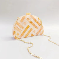 Half Room Geometric Pearl Acrylic Box Clutch with gold chain, perfect for luxurious weddings, size 20x13x4.5cm.
