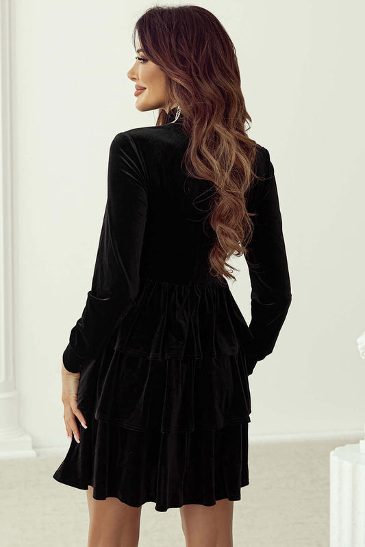 Black Velvet High Neck Tiered Ruffle Mini Dress Dresses/Mini Dresses Luxurious Weddings