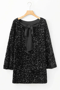 Black Sequin Long Sleeve Knot Cutout Back Mini Dress Dresses/Mini Dresses Luxurious Weddings