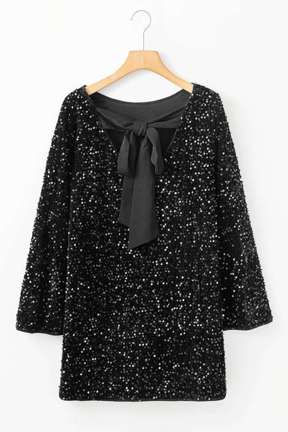 Black Sequin Long Sleeve Knot Cutout Back Mini Dress Dresses/Mini Dresses Luxurious Weddings