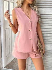 Devine Button Down V-Neck Tank and Shorts Set Matching Sets Luxurious Weddings