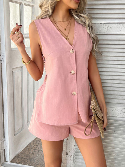 Devine Button Down V-Neck Tank and Shorts Set Matching Sets Luxurious Weddings