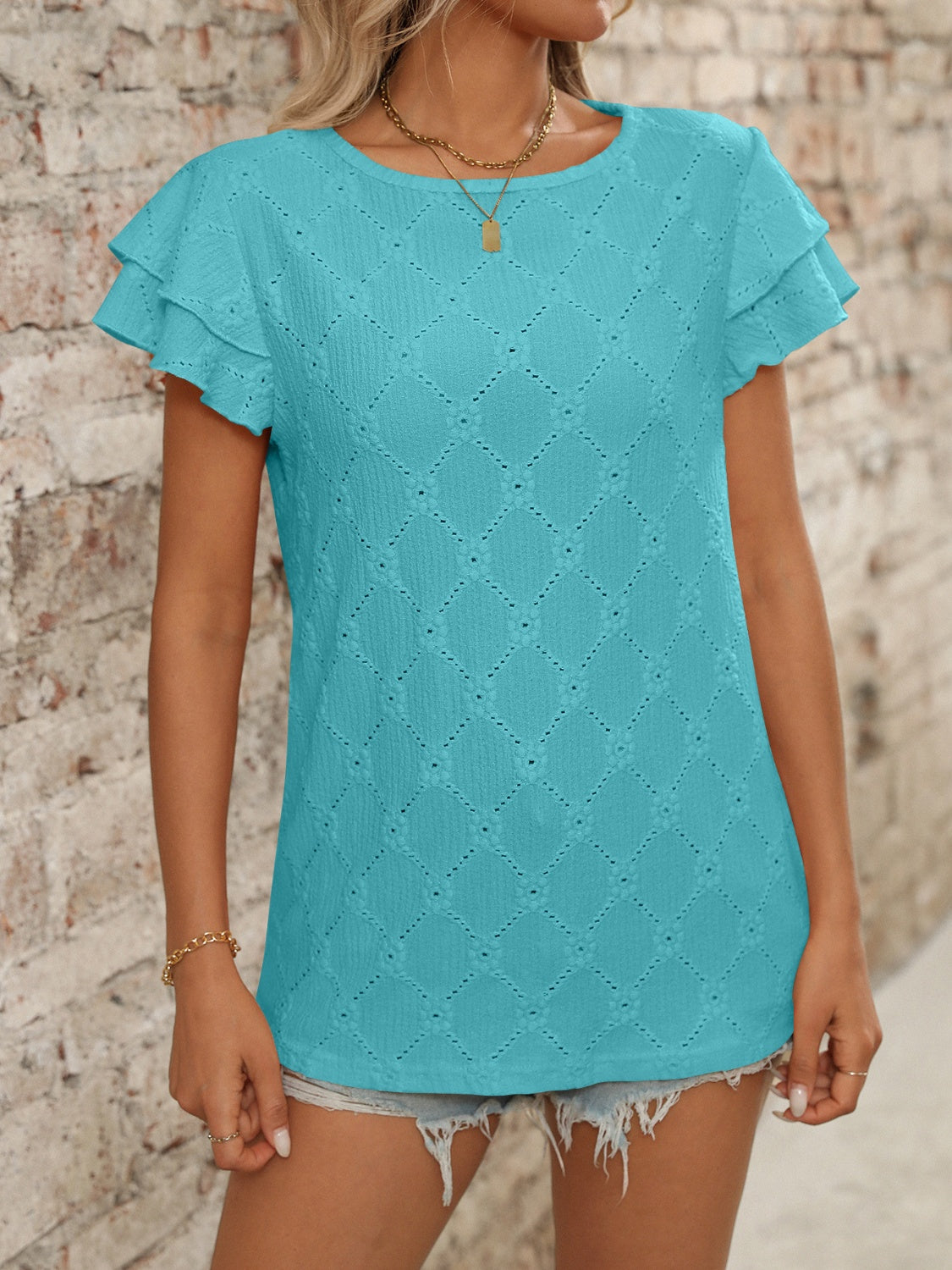 Eyelet Round Neck Double Layered Ruffled Short Sleeve Top Luxurious Weddings