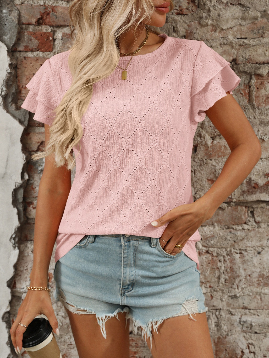 Eyelet Round Neck Double Layered Ruffled Short Sleeve Top Luxurious Weddings