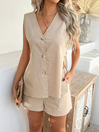 Devine Button Down V-Neck Tank and Shorts Set Matching Sets Luxurious Weddings