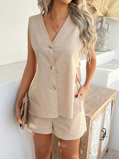 Devine Button Down V-Neck Tank and Shorts Set Matching Sets Luxurious Weddings