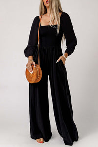 Black Smocked Square Neck Long Sleeve Wide Leg Jumpsuit Bottoms/Jumpsuits & Rompers Luxurious Weddings