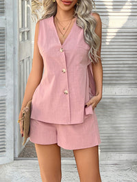 Devine Button Down V-Neck Tank and Shorts Set Matching Sets Luxurious Weddings
