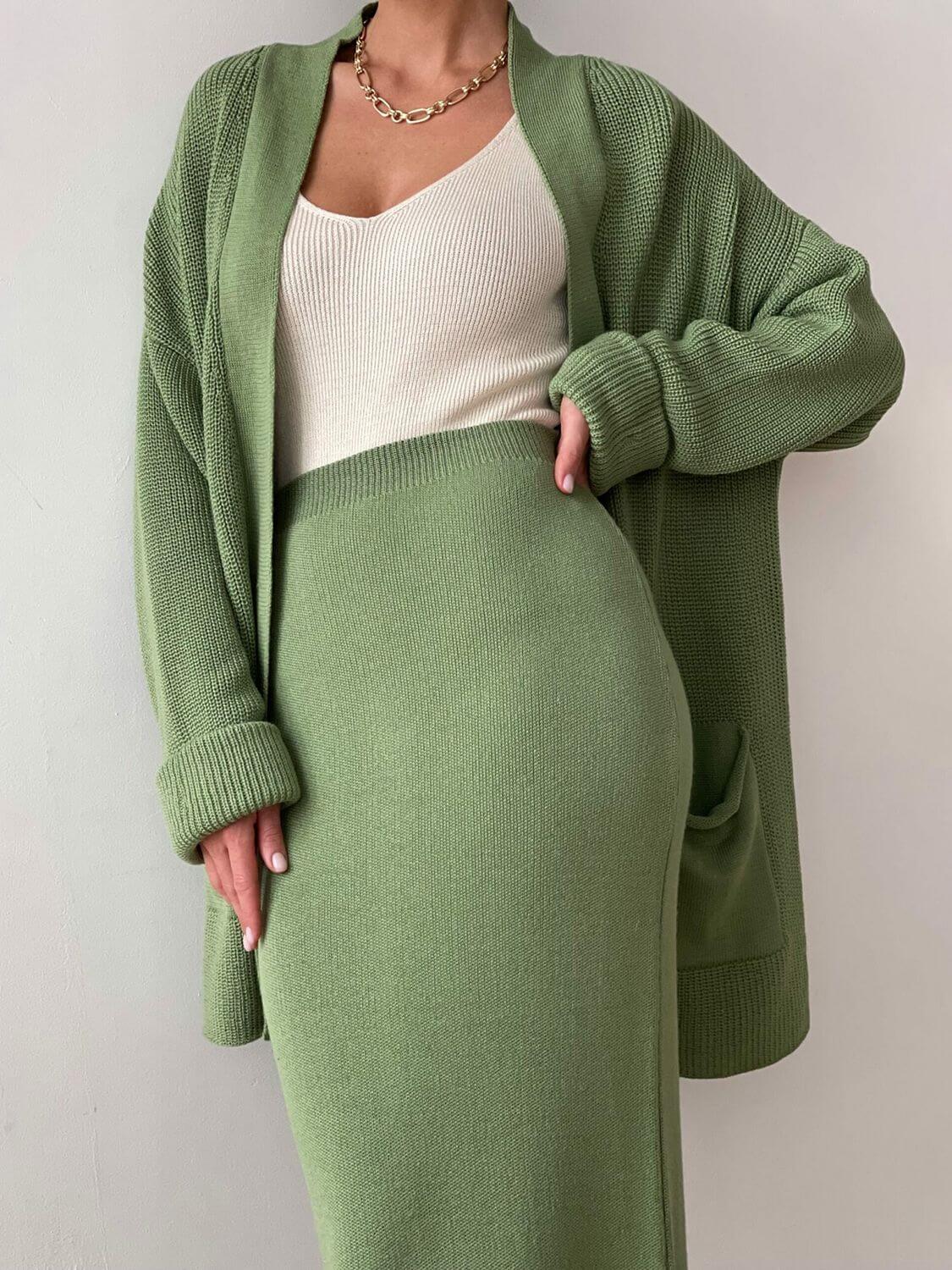 Pocketed Long Sleeve Cardigan and Skirt Sweater Set Matching Sets Luxurious Weddings