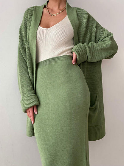 Pocketed Long Sleeve Cardigan and Skirt Sweater Set Matching Sets Luxurious Weddings