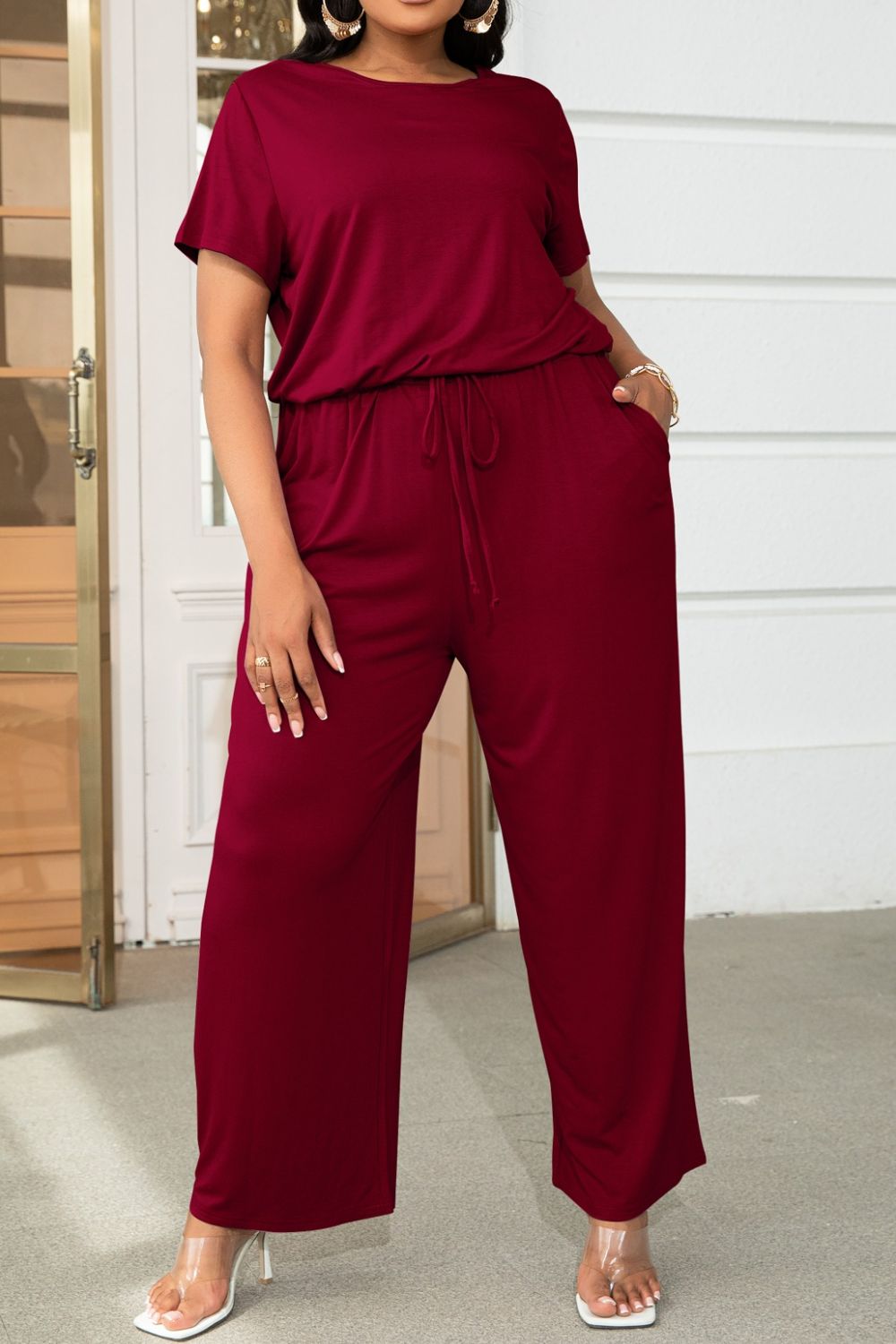 Plus Size Drawstring Waist Short Sleeve Jumpsuit Plus size Luxurious Weddings