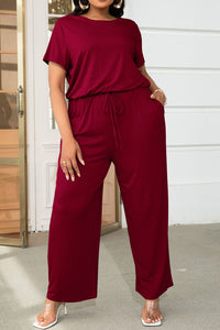 Plus Size Drawstring Waist Short Sleeve Jumpsuit Plus size Luxurious Weddings