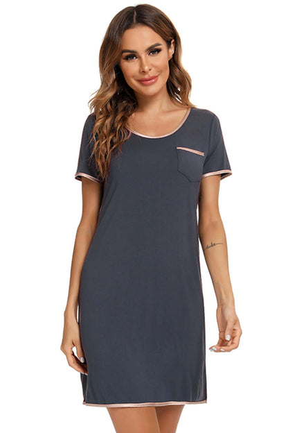 Contrast Trim Pocketed Round Neck Lounge Dress sleepwear Luxurious Weddings