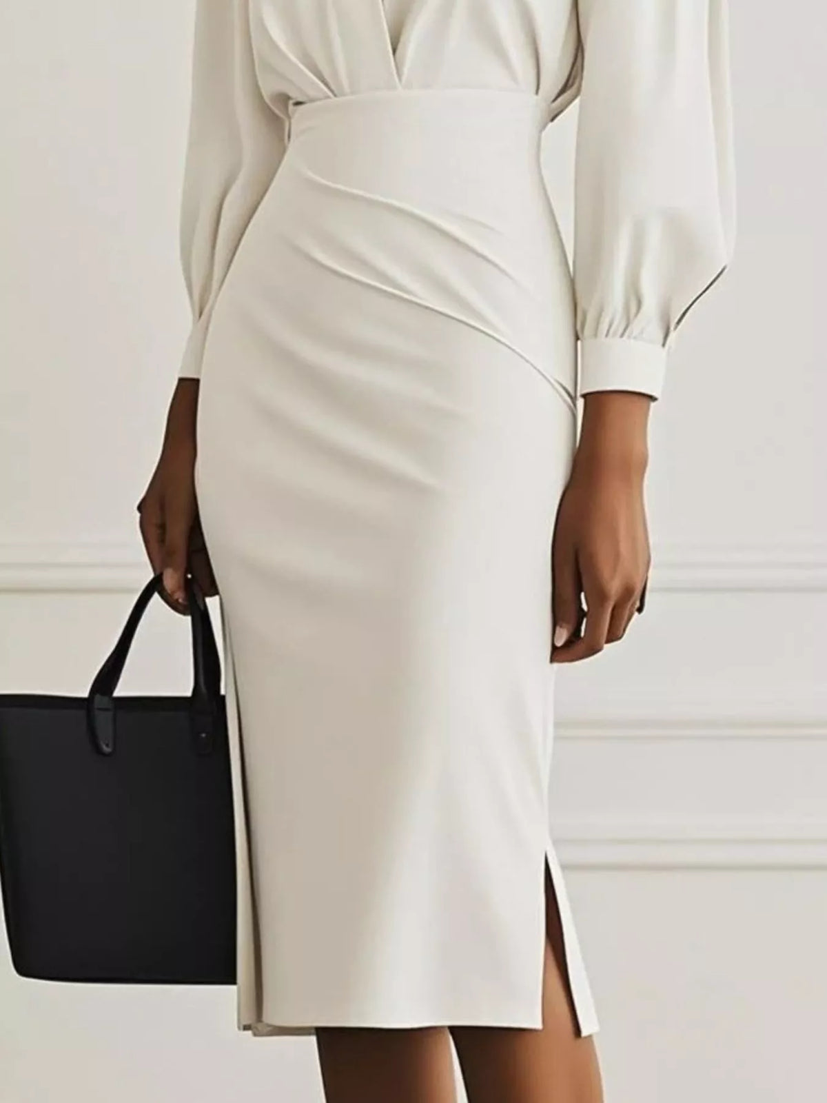Ruched Midi Shirt Dress with Side Slit featuring a stylish side slit and elegant design, model holding a black handbag.