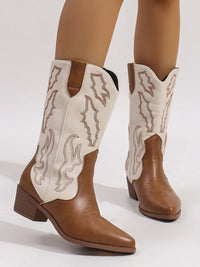 Stylish point toe block heel boots in brown and beige with decorative stitching, ideal for casual or chic outfits.
