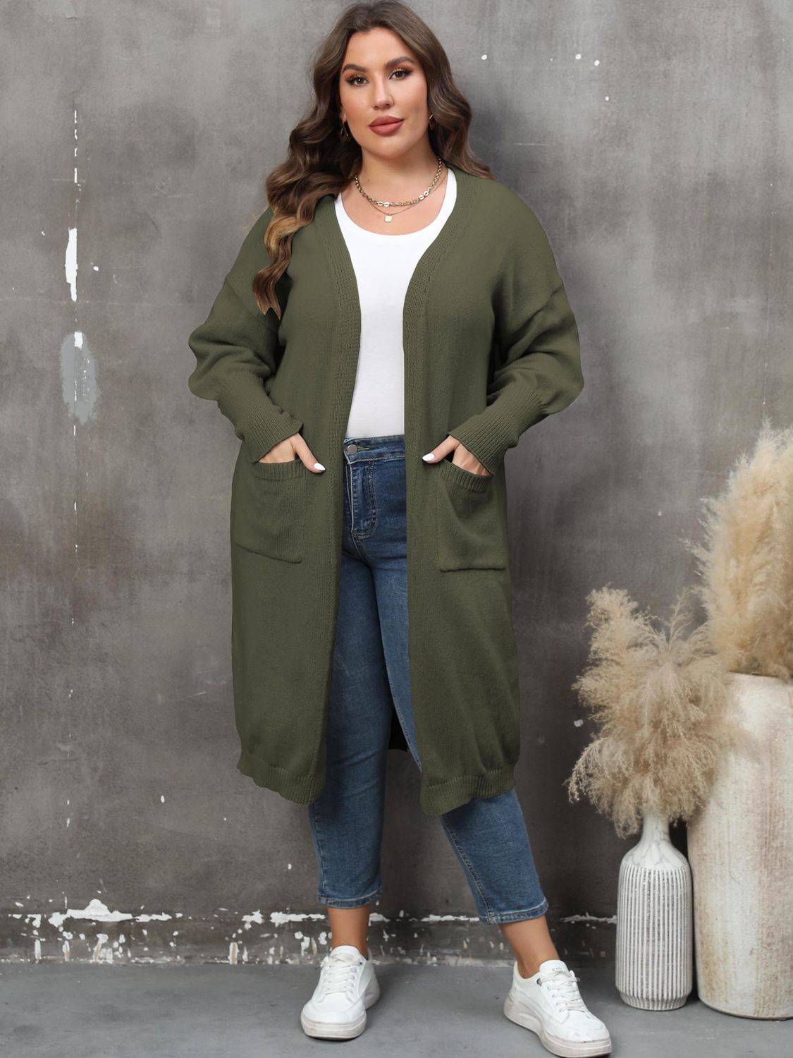 Plus Size Long Sleeve Pocketed Cardigan Plus size Luxurious Weddings