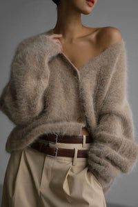 Fuzzy Button Down Long Sleeve Cardigan Sweater Luxurious Weddings