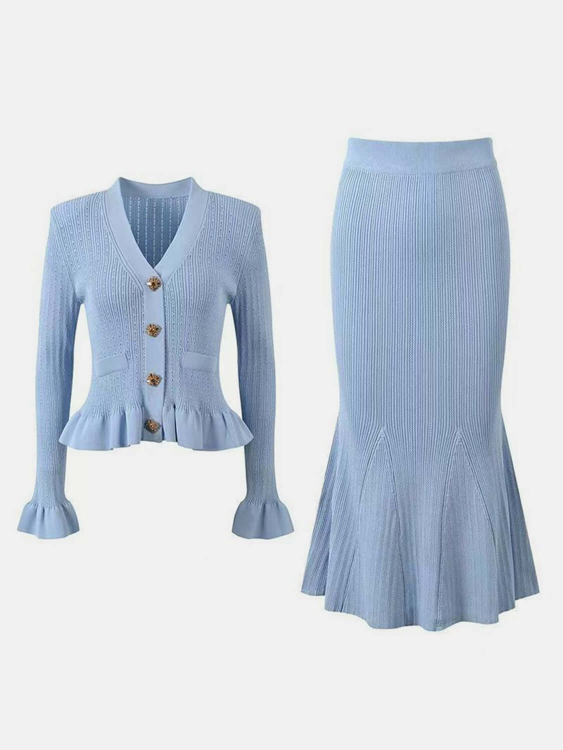 Ruffled V-Neck Top and Midi Skirt Sweater Set Matching Sets Luxurious Weddings