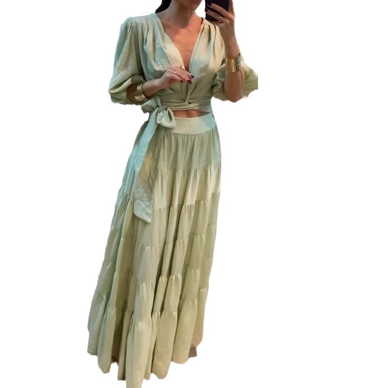 Solid Color low-cut lace-up design waist-baring skirt suit Skirt Suit Luxurious Weddings
