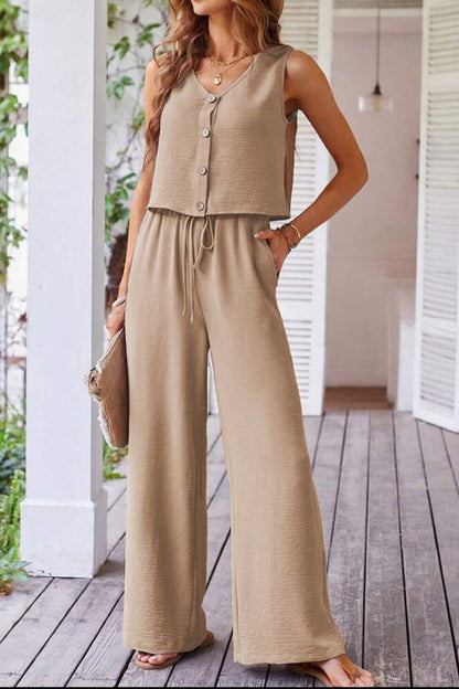 Button Down Vest and Drawstring Wide Leg Pants Set Matching Sets Luxurious Weddings