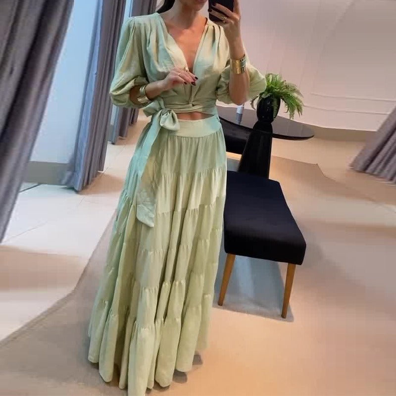 Solid Color low-cut lace-up design waist-baring skirt suit Skirt Suit Luxurious Weddings