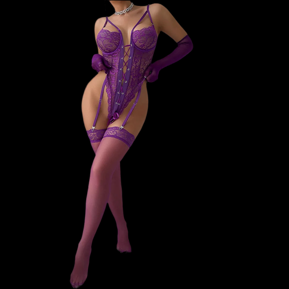 Seductive Lace Bodysuit & Gloves Lingerie Set