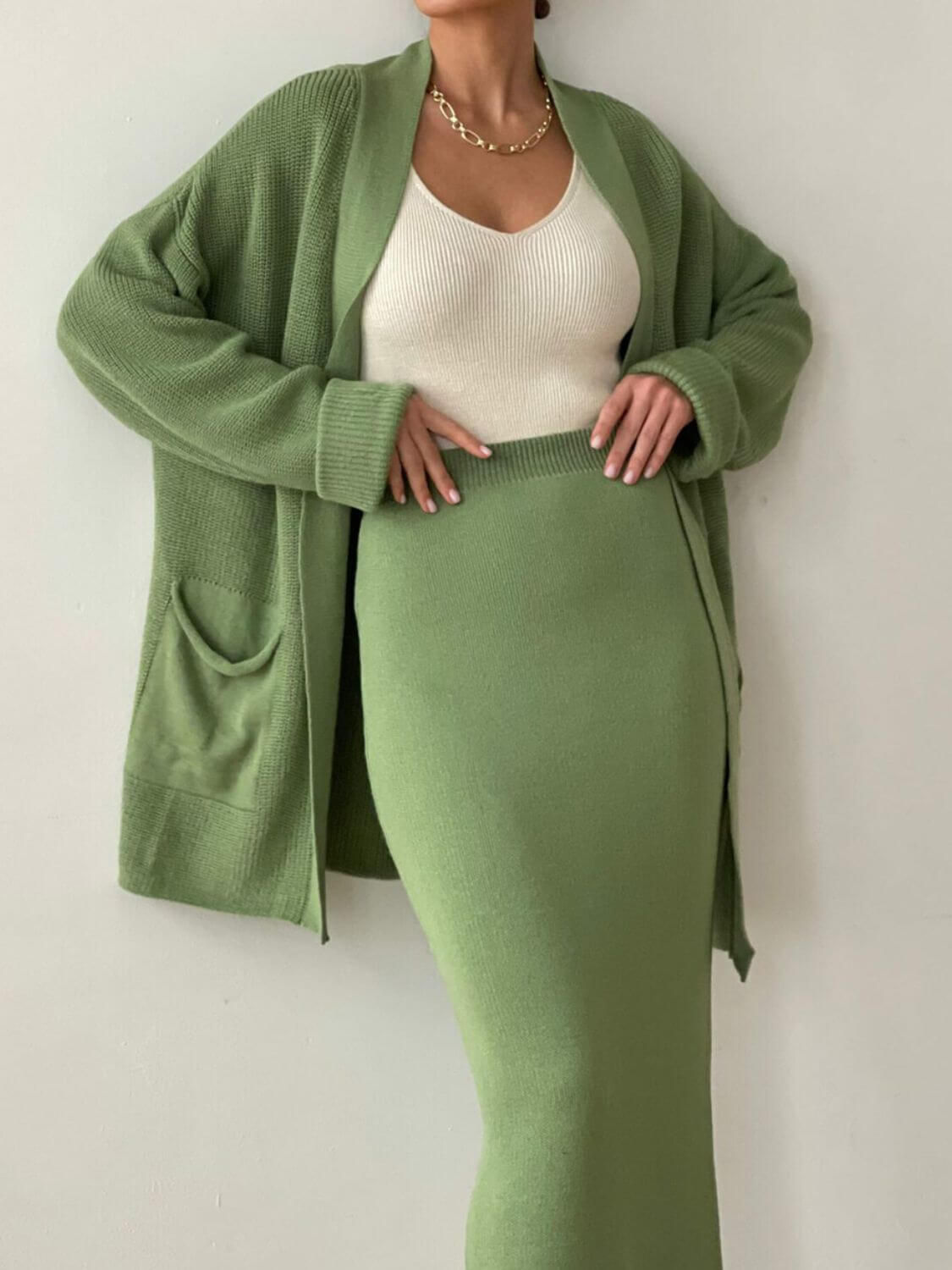 Pocketed Long Sleeve Cardigan and Skirt Sweater Set Matching Sets Luxurious Weddings