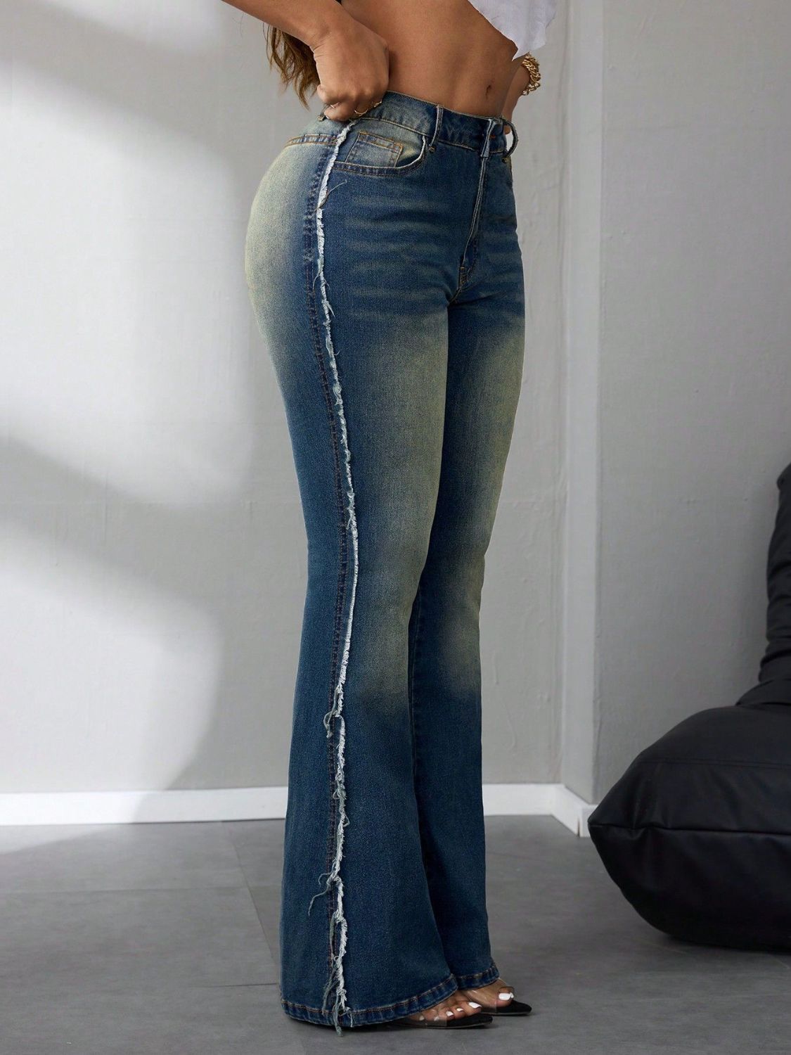 Side Raw Hem Flare Jeans Jeans Luxurious Weddings
