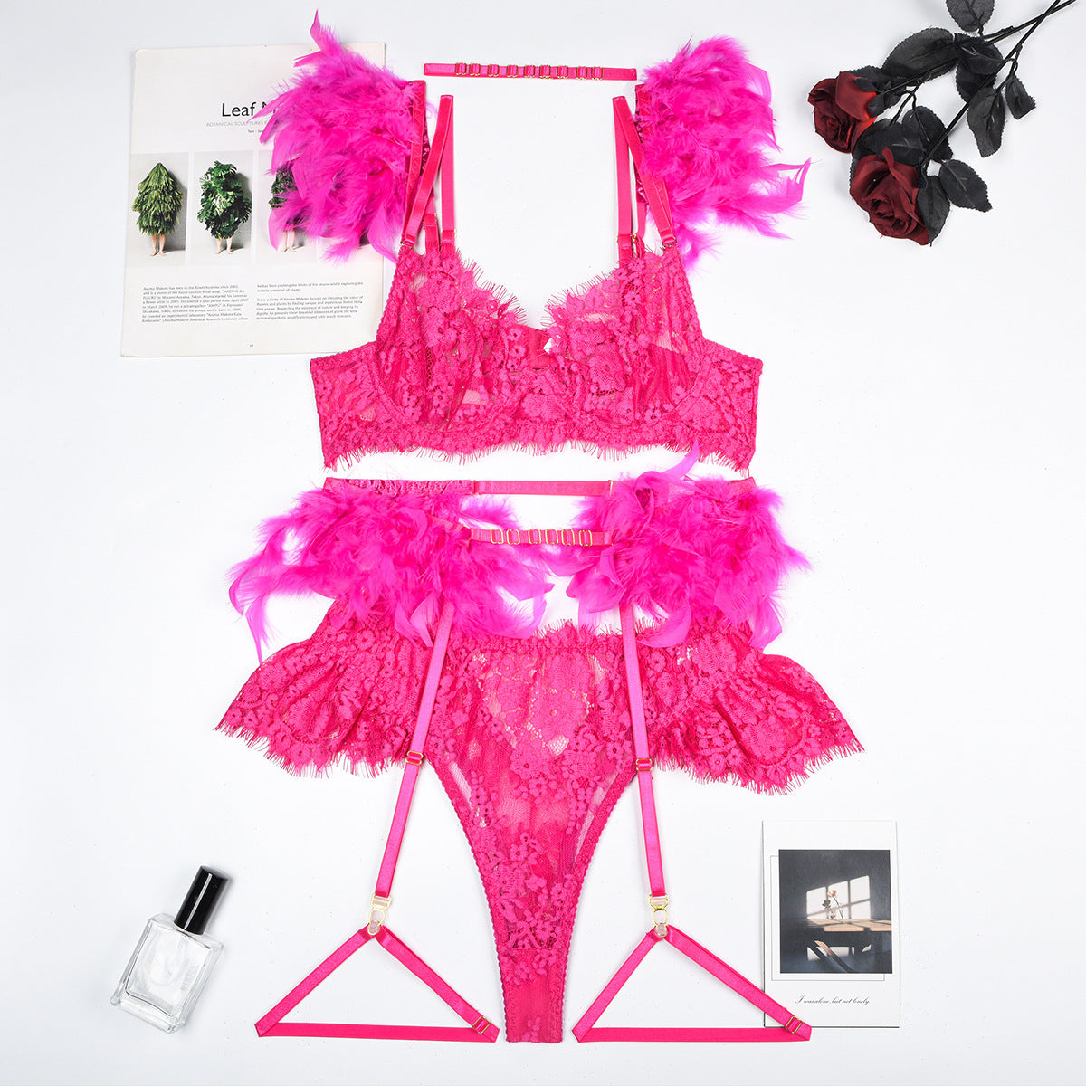 Feather Sexy Lingerie Lace Women Underwear Bra Panty Lingerie Set Luxurious Weddings