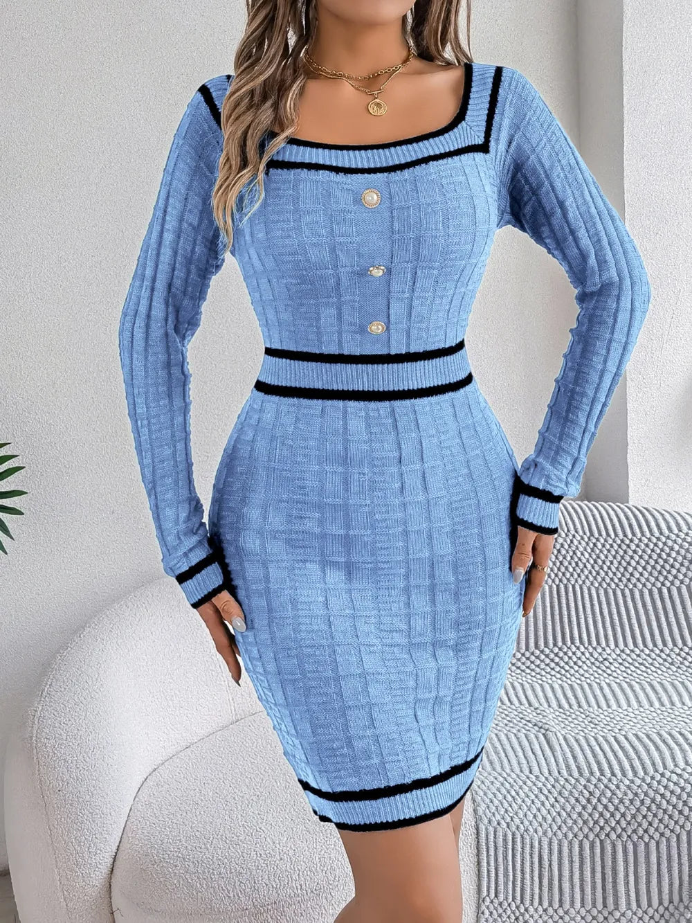 Contrast Trim Long Sleeve Sweater Dress Cardigan Luxurious Weddings
